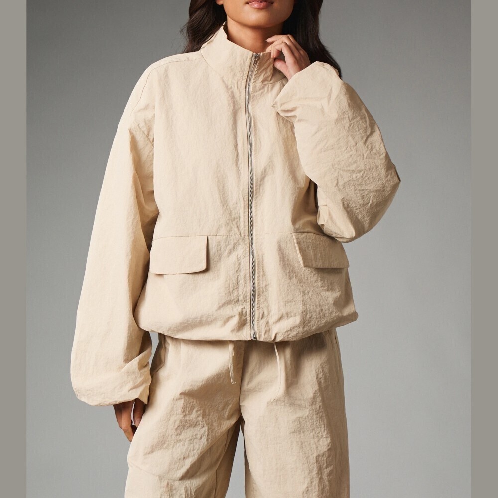 Cream Woven Crinkled Funnel Neck Zip Front Oversized Track Jacket